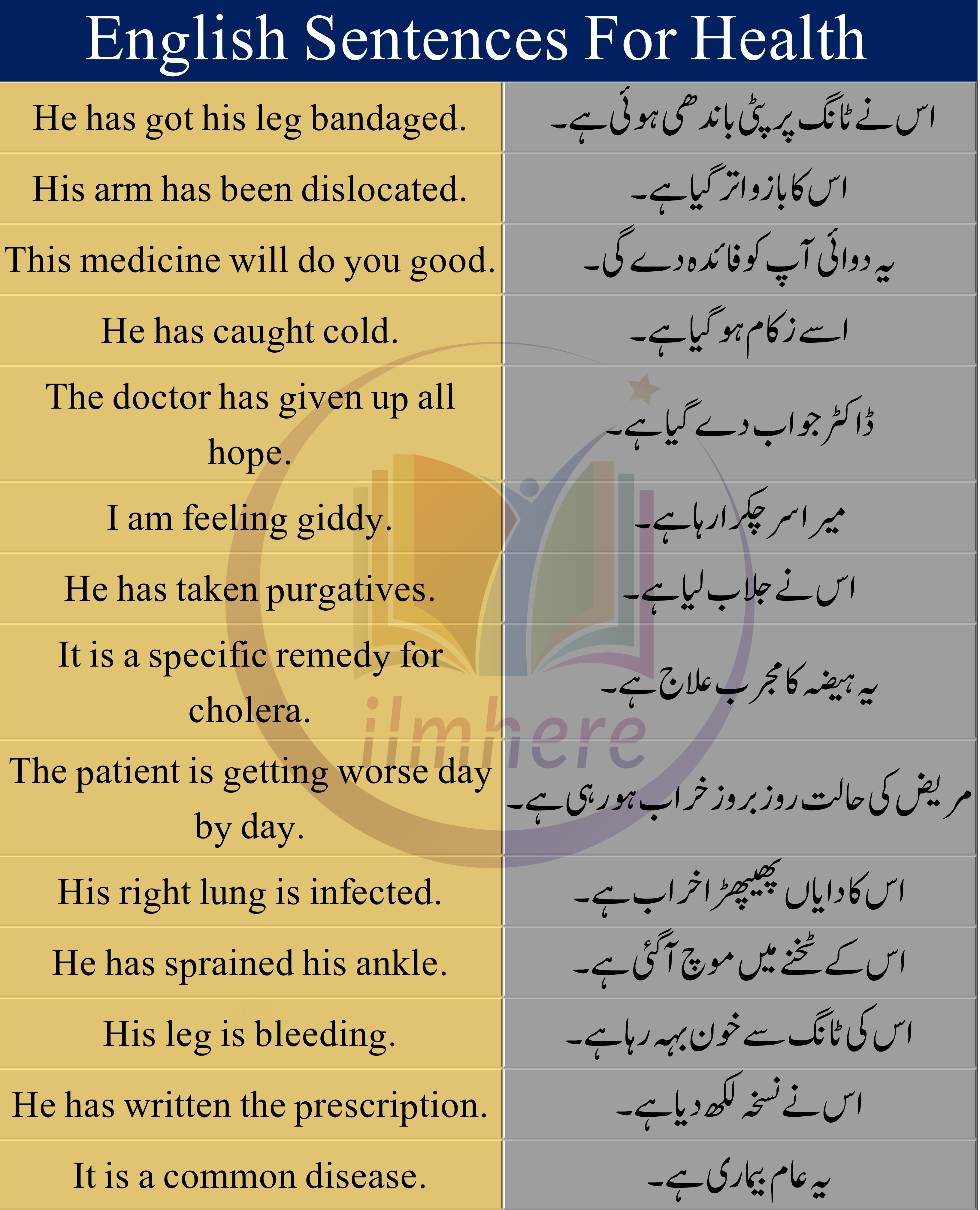 Sentences About Health In English And Urdu/Hindi