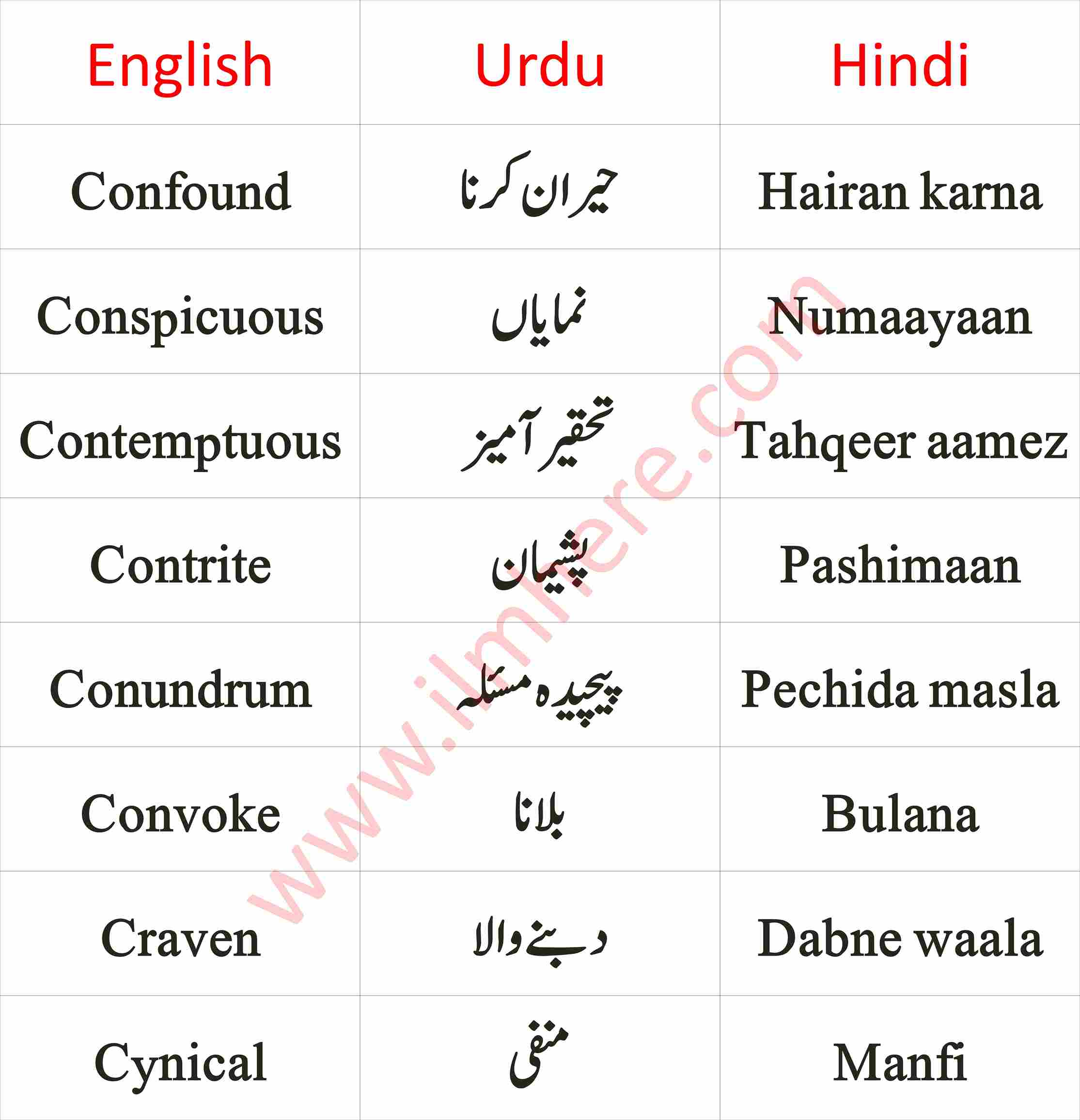 vocabulary English To Urdu & Hindi Vocabulary Words for Daily Use